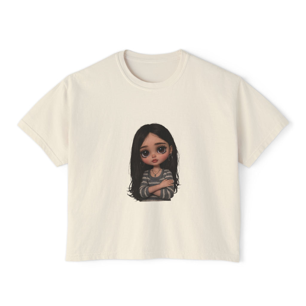 Cute Doll Graphic Boxy Tee — Long Black Hair Girl Illustration