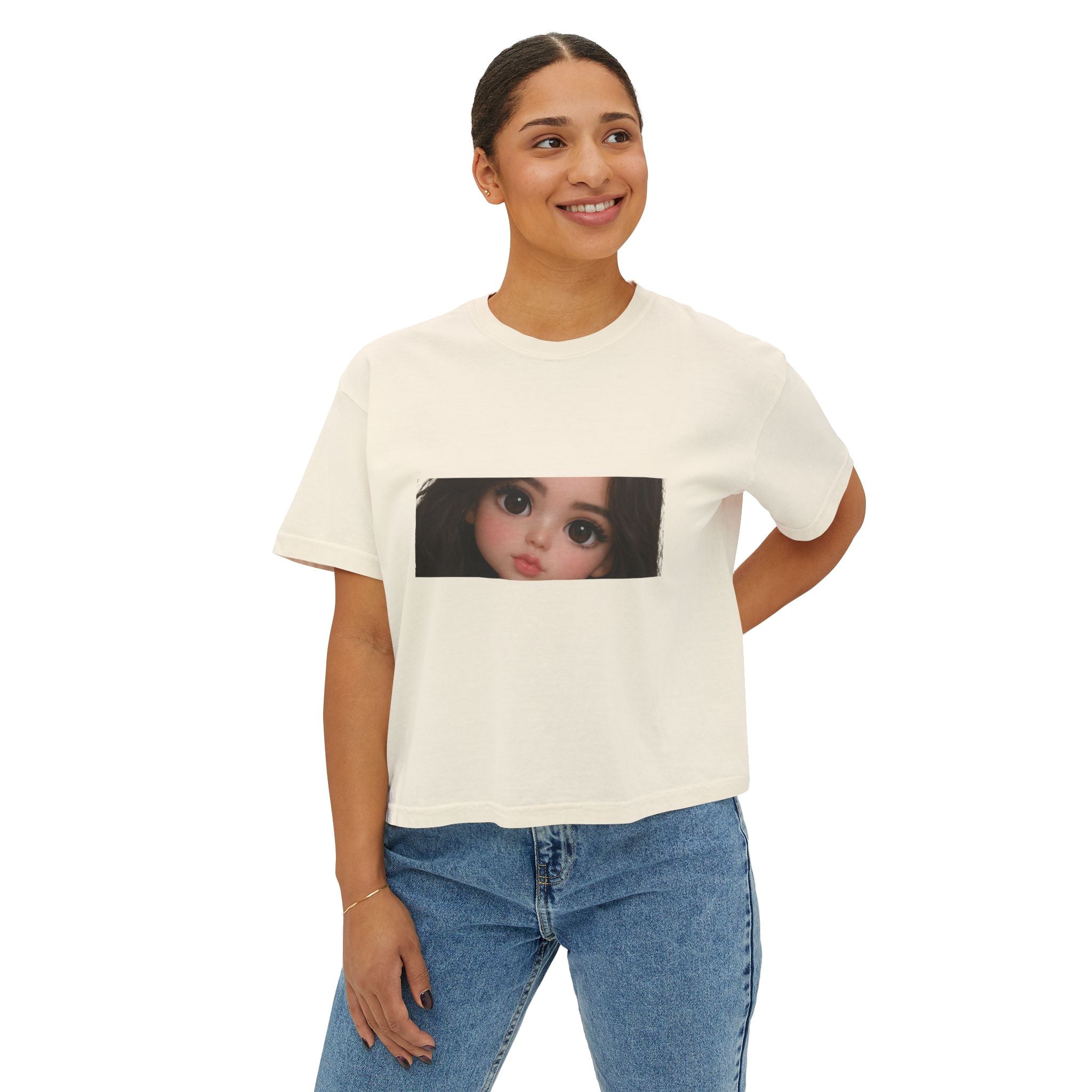 Boxy Tee — Cute Doll Face Graphic Crop T‑Shirt