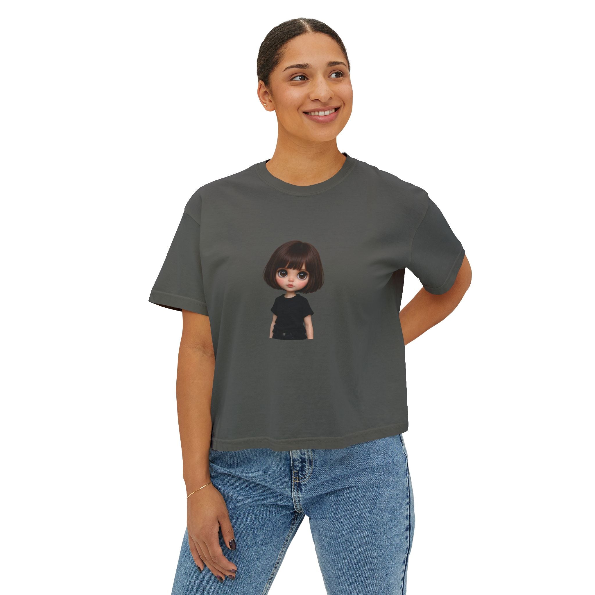 Boxy Tee with Cute Doll Graphic — Women's Casual Cropped T‑Shirt