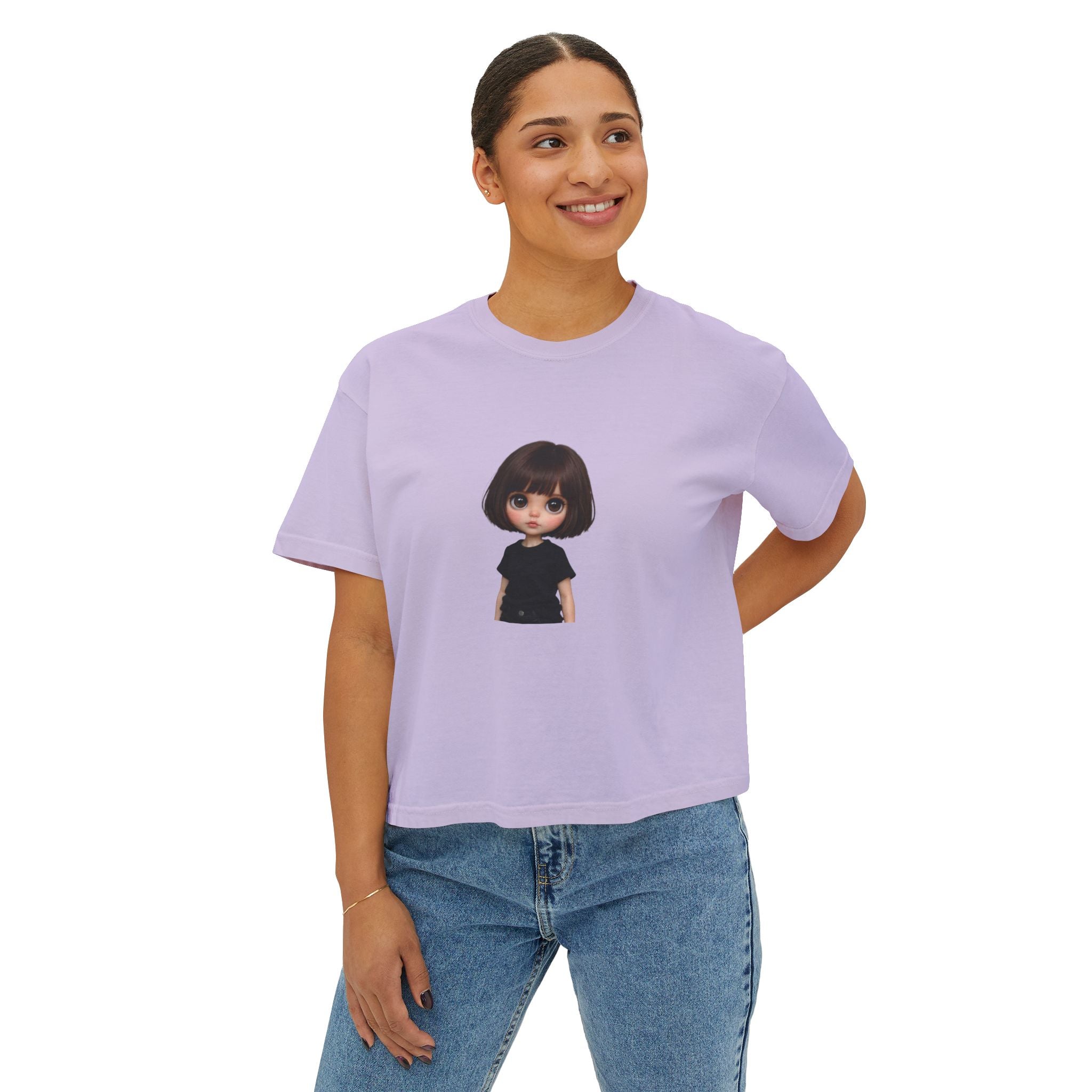 Boxy Tee with Cute Doll Graphic — Women's Casual Cropped T‑Shirt