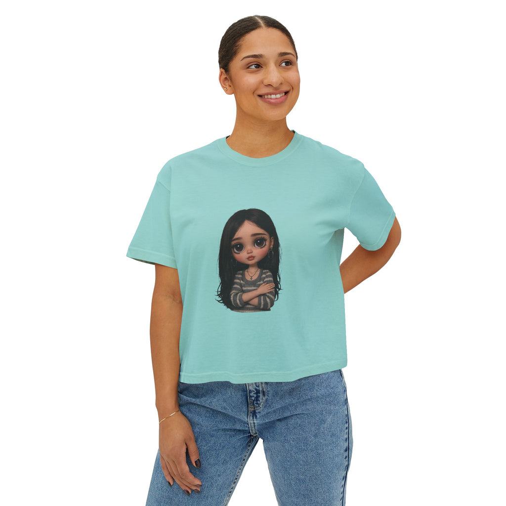 Cute Doll Graphic Boxy Tee — Long Black Hair Girl Illustration