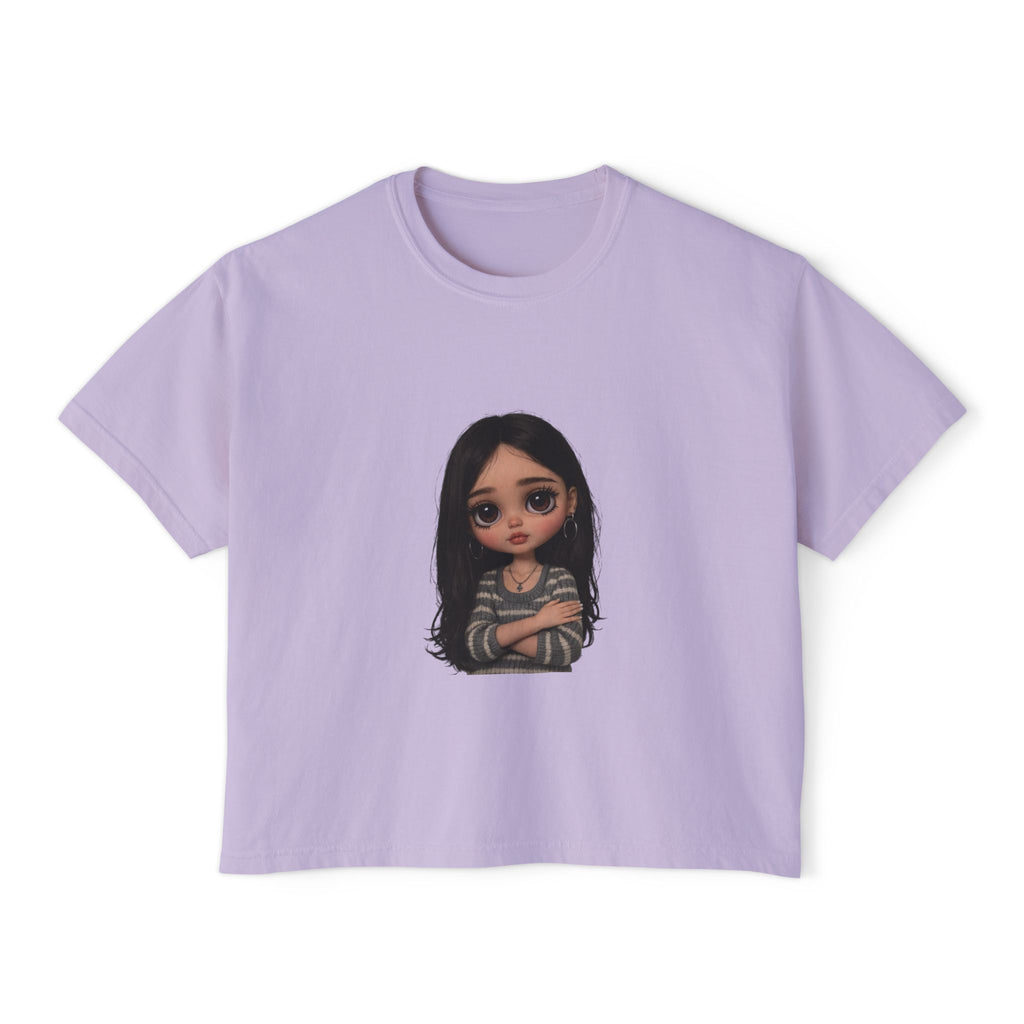 Cute Doll Graphic Boxy Tee — Long Black Hair Girl Illustration