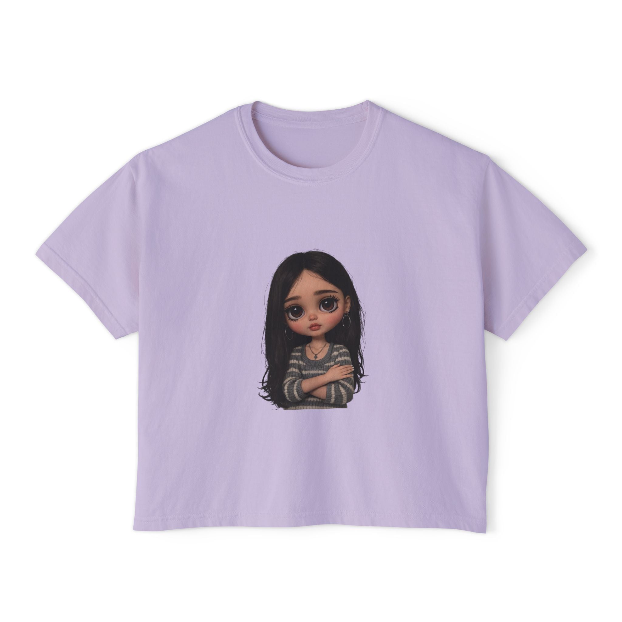 Cute Doll Graphic Boxy Tee — Long Black Hair Girl Illustration