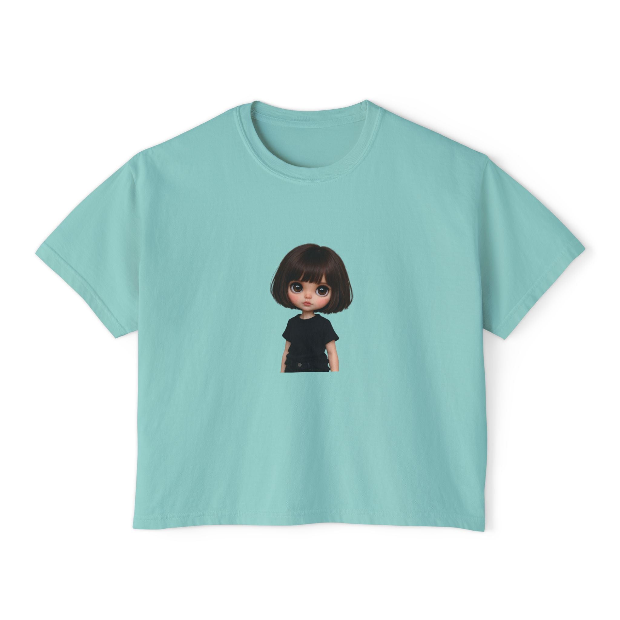 Boxy Tee with Cute Doll Graphic — Women's Casual Cropped T‑Shirt