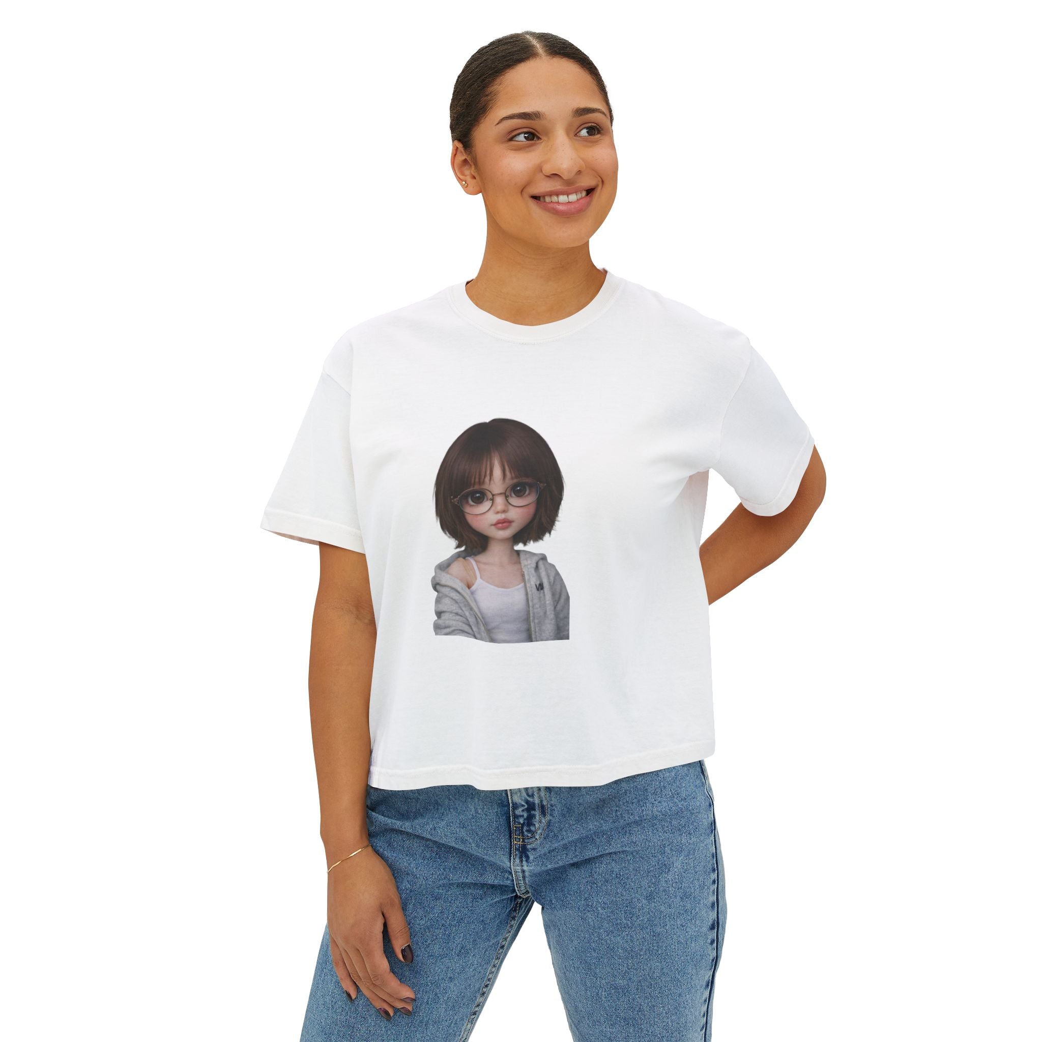 Cute Doll Face Women's Boxy Tee — Short Bob Glasses Graphic Top