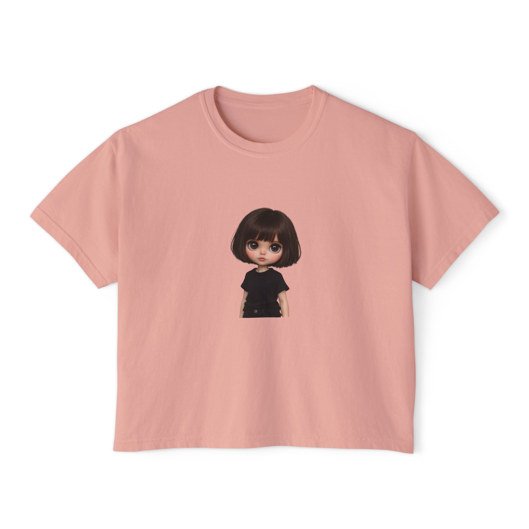 Boxy Tee with Cute Doll Graphic — Women's Casual Cropped T‑Shirt