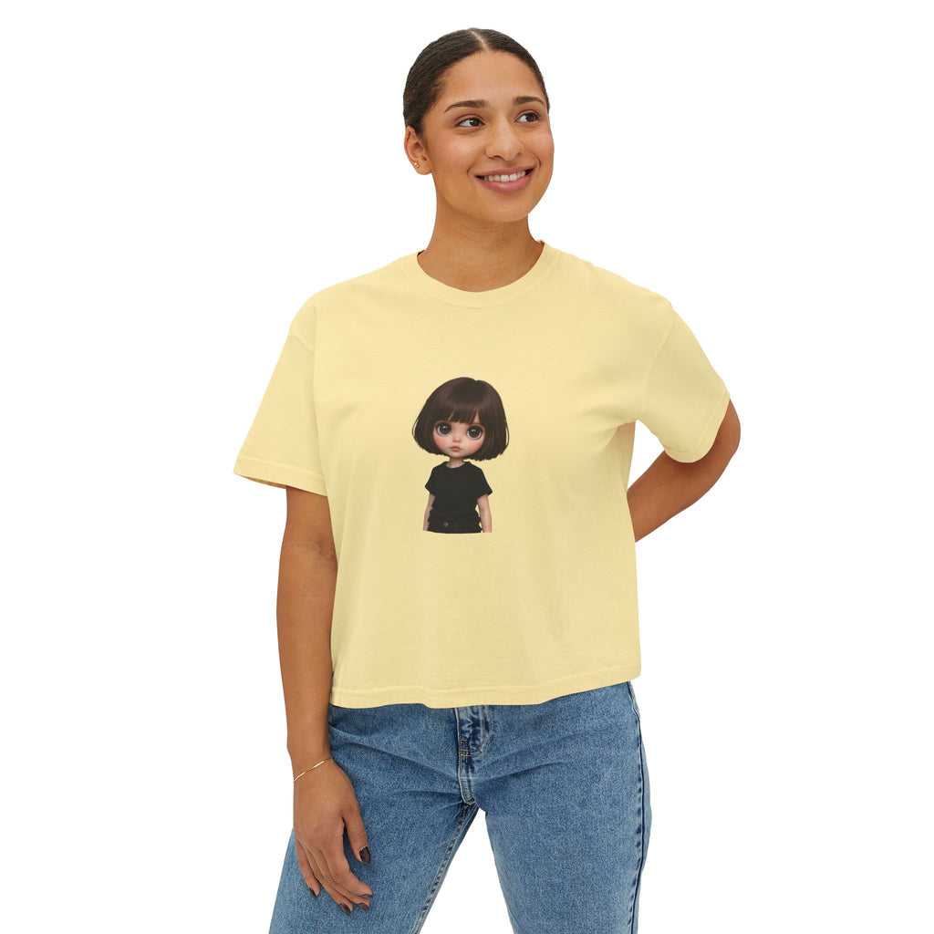Boxy Tee with Cute Doll Graphic — Women's Casual Cropped T‑Shirt