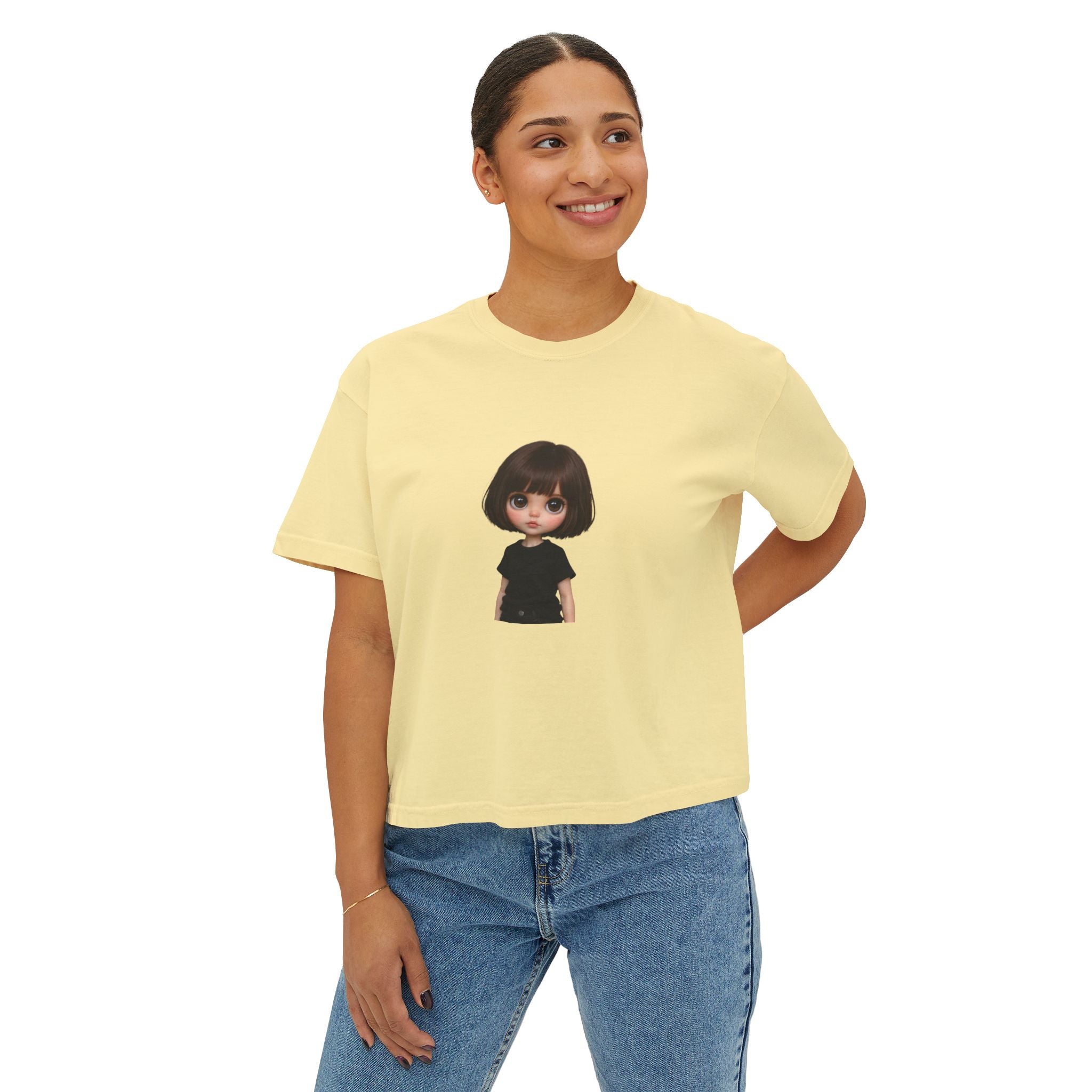 Boxy Tee with Cute Doll Graphic — Women's Casual Cropped T‑Shirt