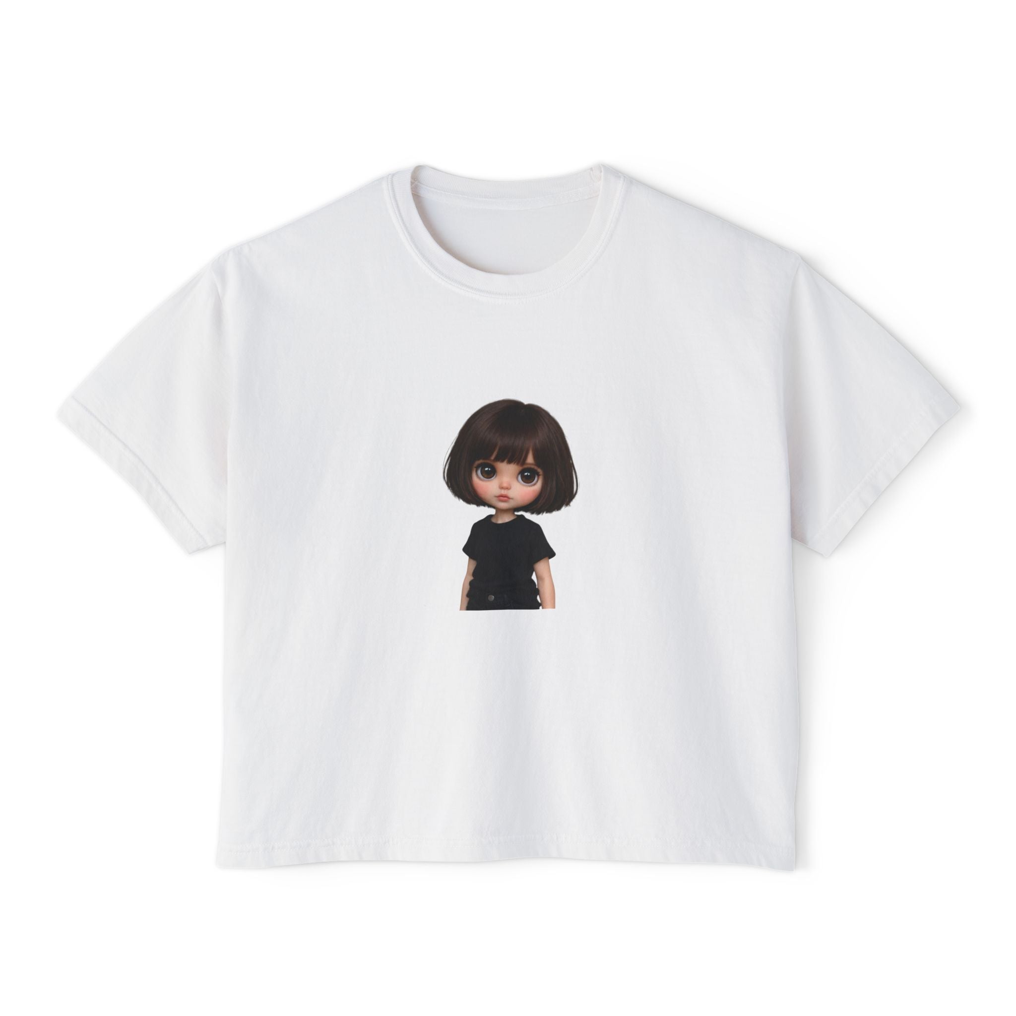 Boxy Tee with Cute Doll Graphic — Women's Casual Cropped T‑Shirt