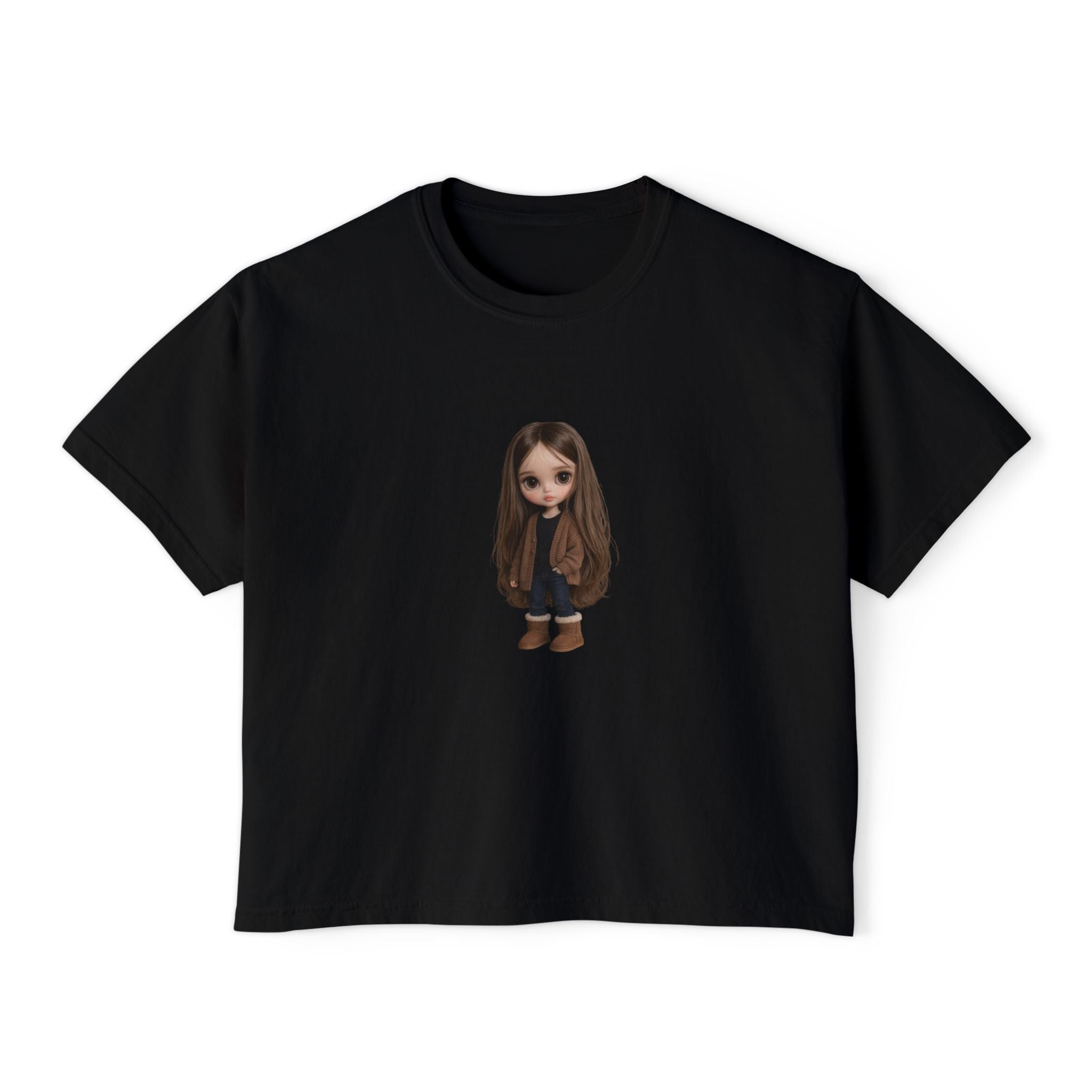 Cute Brown-Haired Doll Graphic Tee — Women's Boxy T-Shirt