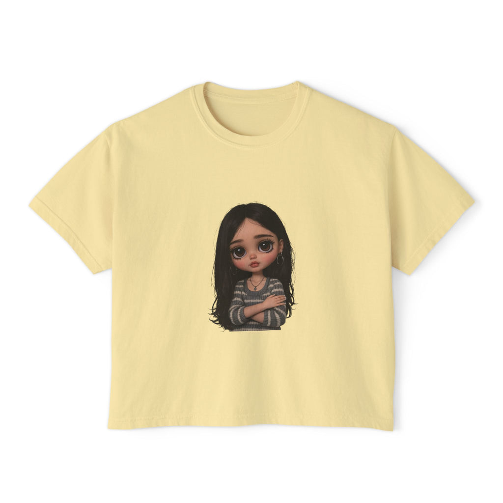 Cute Doll Graphic Boxy Tee — Long Black Hair Girl Illustration