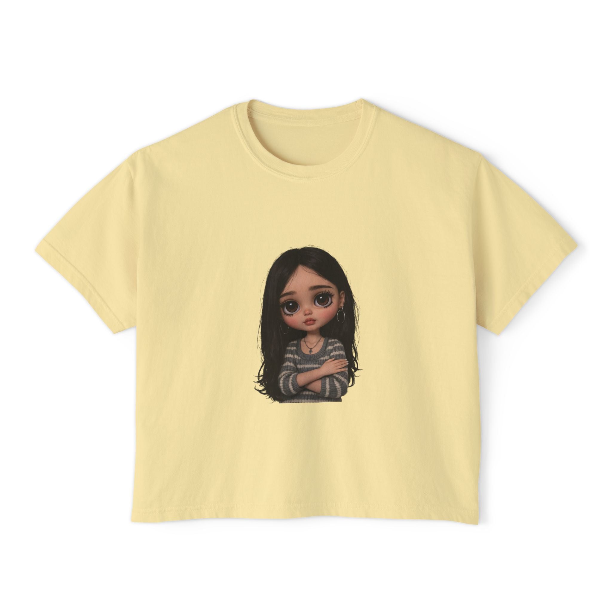 Cute Doll Graphic Boxy Tee — Long Black Hair Girl Illustration