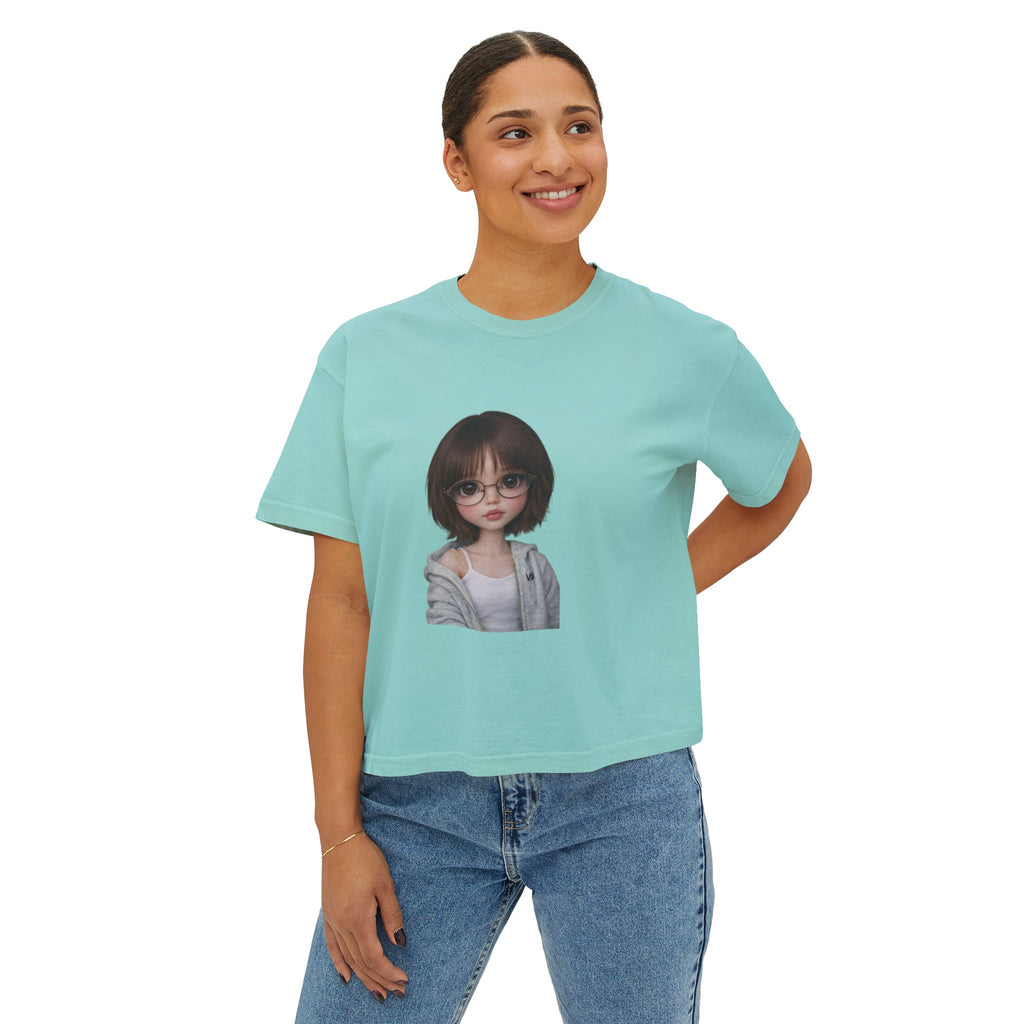 Cute Doll Face Women's Boxy Tee — Short Bob Glasses Graphic Top