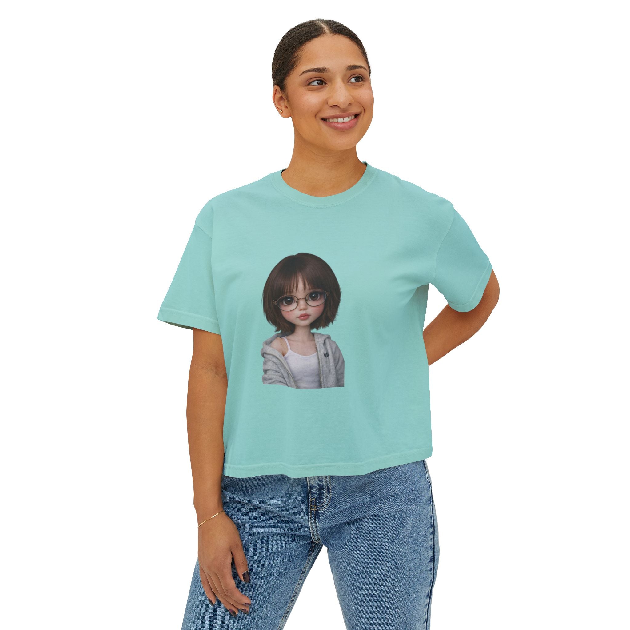 Cute Doll Face Women's Boxy Tee — Short Bob Glasses Graphic Top