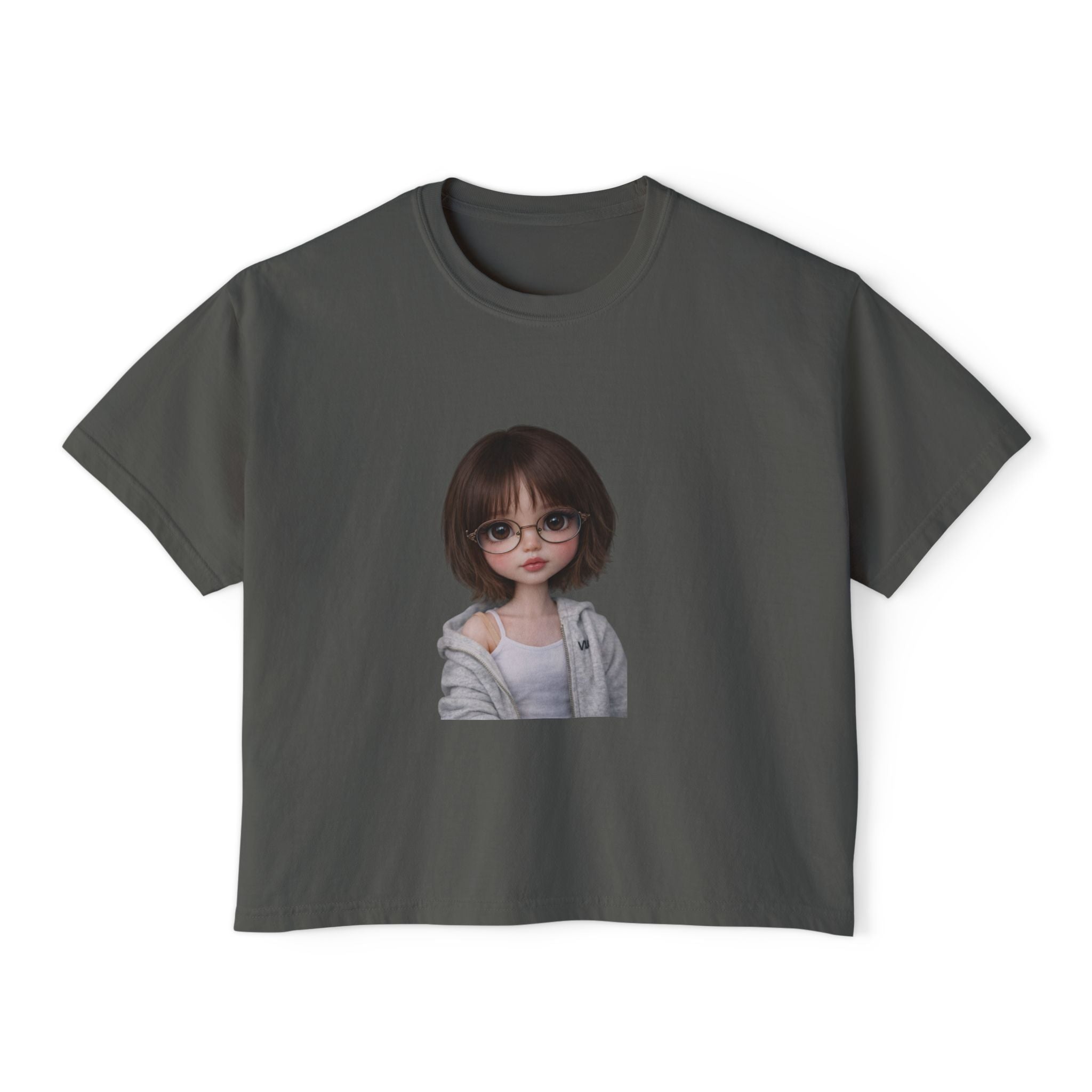 Cute Doll Face Women's Boxy Tee — Short Bob Glasses Graphic Top