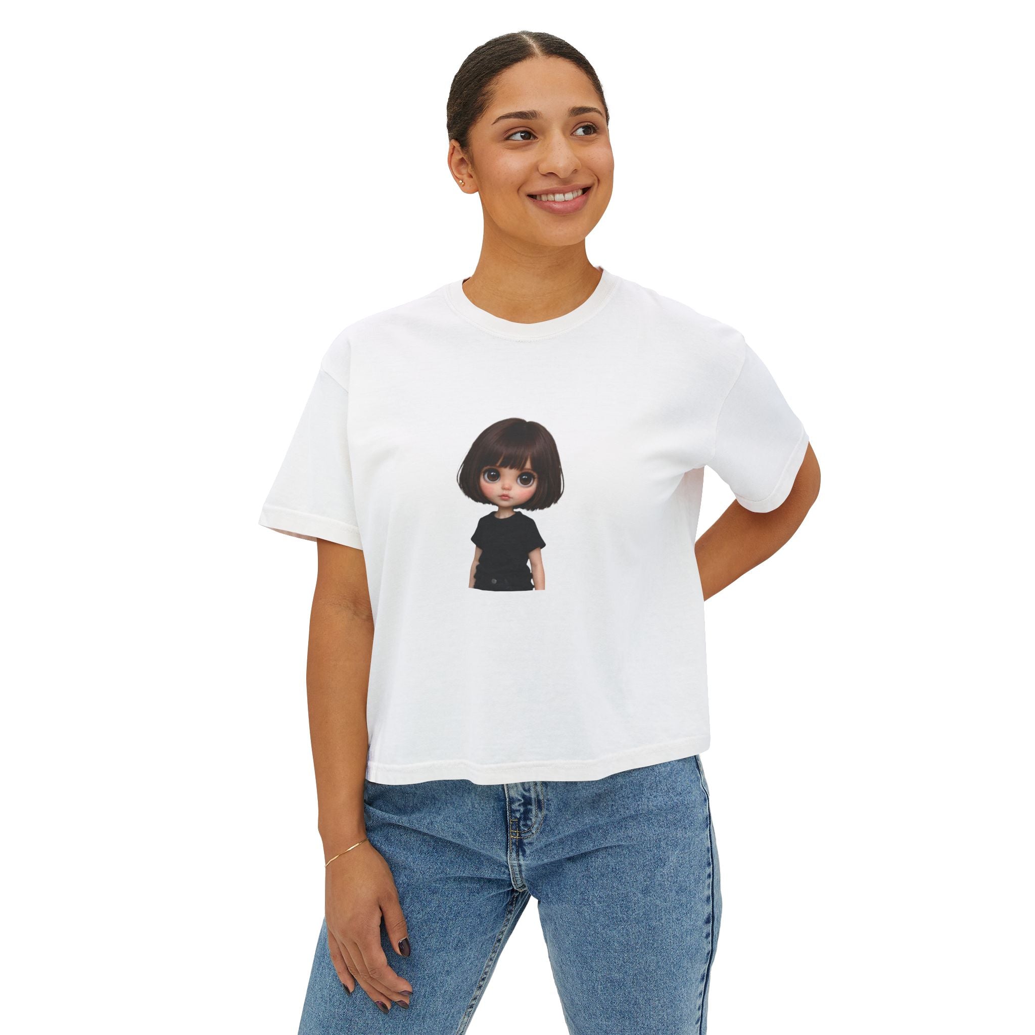 Boxy Tee with Cute Doll Graphic — Women's Casual Cropped T‑Shirt